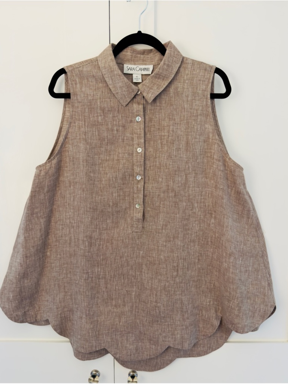 Sara Campbell 100% Linen Scalloped Hem, Pop-Over Top in Brown Melange